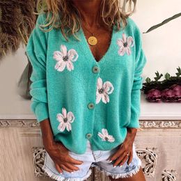 Women's Knits Tee Cardigan Daisy Embroidery Knitted Sweater Single Breasted Full Sleeve VNeck Autumn Outwear Green Floral Pattern 231027