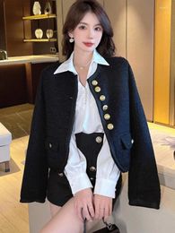 Women's Jackets 2023 Autumn Winter Solid Colour Tweed Jacket Korean Fashion Retro Wool Small Fragrance Sweet Single-breasted O Neck Outerwear