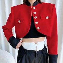 Women's Jackets 2023 Fashion Fall Winter Womens Full Sleeve Cashmere Spliced Metal Button Pockets Short Jacket Casual Red Coat