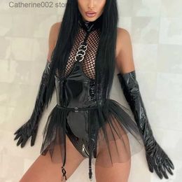 Sexy Set Sexy Jumpsuits Black Leather Porn Body Women Crotch Zipper Fishnet Latex Bodysuit Ruffle Garters Halter Sexy Come Sissy T231027
