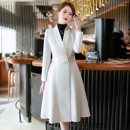 Women's Suits Elegant Women Long Jacket 2023 Autumn Winter Black White Casual Sleeve Belt Slim Coat Office Lady Work Wear Formal Blazer