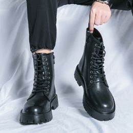 Chain Decoration Martin Boots Men PU Round Head Thick Sole Elevated Side Zipper Fashion Trend Military Boots