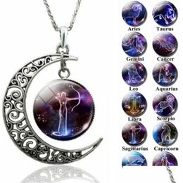 Pendant Necklaces Fashion 12 Zodiac Sign Glass Cabochon Necklace Constellation Horoscope Astrology Statement Star Gemstone Gift Drop Otdrs