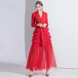 Casual Dresses Runway Women Autumn Suit Collar Ruffles Patchwork Pleated Mesh Dress Long Sleeve Party White Black Red Vestidos255o