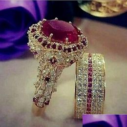 Band Rings Gold Hip Hop Ring For Women Fashion Inlaid Zircon Red Stones Wedding Rings Set Drop Delivery Jewelry Ring Dhgarden Othy2