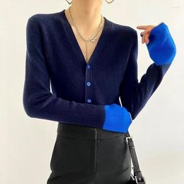 Women's Knits Autumn Slim V-neck Ladies Knitted Cardigans Stylish Patchwork Long Sleeve Single-breasted Sweaters For Women Winter