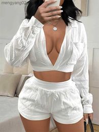 Women's Two Piece Pants Summer Outfits Soild Shorts 2 Two Pieces Sets Women Outfit 2023 V Neck Long Sleeve Crop Top Streetwear Blue White Shorts Suits T231027