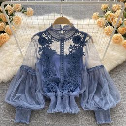 Women's Blouses Court Style Womens Tops 3D Crochet Floral Sheer Mesh Patchwork Female Blusas De Mujer Ladies Lantern Sleeve Blouse Drop