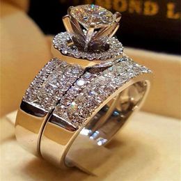 Luxury Crystal Diamond Female Big Queen Ring Set Fashion 925 Silver Bridal Wedding Rings For Women Promise Love Engagement Ring166s