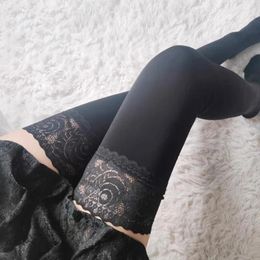 Women Socks 80D Velvet For Spring Autumn Sexy Lace Top Silicone Hold Up Thigh High Stockings Stretchy Nylon