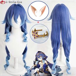 Catsuit Costumes 100cm Cosplay Genshin Impact Layla Blue Gradient Long Curly Heat Resistant Hair Party Women Wigs + Wig Cap