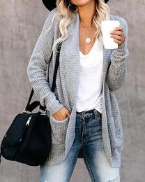 Women's Knits Tee Curved Placket Large Pocket Sweater Cardigan V neck Knitted Solid Open Stitch Winter Warm Long Sleeve Sweaters 231027