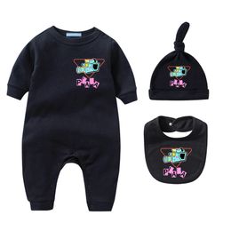 Newborn Kids Rompers Hat Sets 100% Cotton Baby Romper Boys Girls Print Jumpsuit Designer Babies Clothes Short Sleeves Jumpsuits Bibs 3 Piece Set CYD23102702