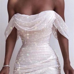 Off Shoulder Women Dress Summer Lady Strapless Backless Shinny Glitter Wedding Party Sundress Ruched Bodycon Short Mini Vestidos Q229k