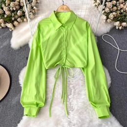 Women's Blouses Korean Fashion Women Shirts Bare Midriff Turn-down Collar Lapel Single Long Puff Sleeve Lace Up Blusa Autumn Casual Top