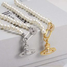 Desginer Viviane viviennes westwood Empress Dowager Saturn Pin Pearl Necklace Female Full Diamond Paper Clip Pearl Necklace