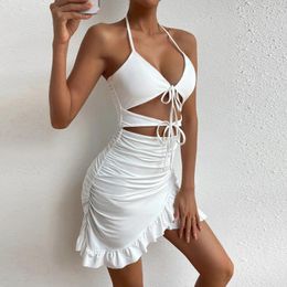 Casual Dresses Wepbel Hollow Out Ruffle Hip Dress White Mini Summer Sexy Halter Women Solid Colour Camis Bodycon Club Party Wear