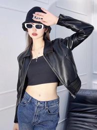 Women's Jackets Fall 2023 Design Sense Black Lapel Long Sleeve Leather Jacket Spring And Autumn Retro Casual Short