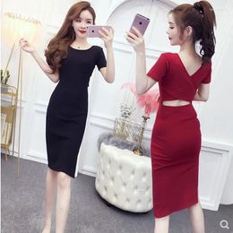 Casual Dresses Fashion Sexy Dress Solid Colour Plump Girls Summer Korean Style Slim Fit Slit Round Neck Hip Skirt Short Sleeve Bottoming S