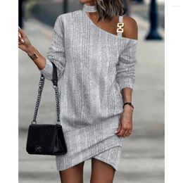 Casual Dresses Sexy Off The Shoulder Light Grey Irregular Dress 2023 Autumn/winter Long Sleeve Chain Halter Solid Colour Button For Women