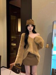 Women's Sweaters Winter Fashion Clothes Women Warm Long Hair Soft Faux Mink Cashmere Sweater Autumn Pullovers V Neck