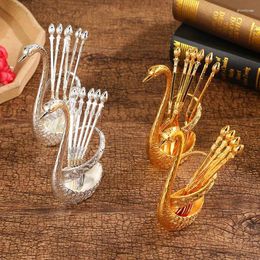 Dinnerware Sets Kitchen Fashion Creative Metal Craft Tableware Silver Swan Spoon Set Home Moving Gift Fruit Fork Storage