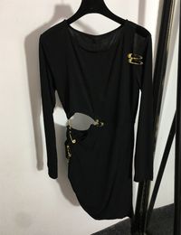 New Black Sexy Dresses Women Long Sleeve Crew Neck Mini Short Runway Dress with Golden Pins Lady Club Party Clothing