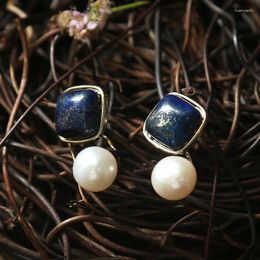 Dangle Earrings Exclusive Handmade Gold Colour Earring For Woman With Square Lapis Lazuli And Fresh Water Pearls Mother's Jewellery