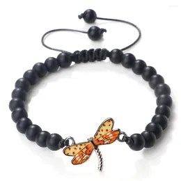 Strand Adjustable 6mm Natural Black Matte Stone Bracelets & Bangles Yellow Dragonfly Charm Woven Rope Beads Bracelet For Women Jewelry