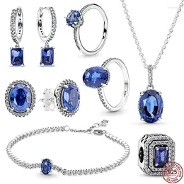 Loose Gemstones 925 Sterling Silver Classic Shiny Blue Zircon Ring Bracelet Set Fits Design Original Charm DIY Exquisite Women's Jewellery