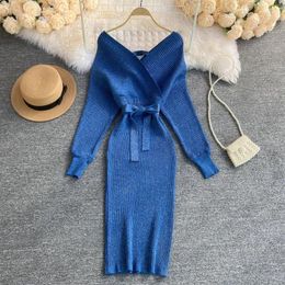 Casual Dresses Ficusrong Autumn Women Shiny Knitted Solid Bow Sashes Pencil Dress Sexy V-Neck Puff Sleeve Elastic Sheath