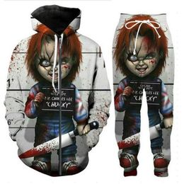 New Men Womens Horror Movie Chucky 3D Print Casual Fashion zipper Hoodies Sweatpants Hip Hop Tracksuits Hoodie Pants ET09259q