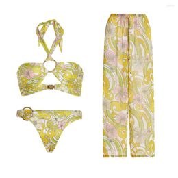 Women's Swimwear Swimsuit Set Woman 3 Pieces Bikini 2023 Bathing Suit Women Yellow Printing Feminine Bikinis Summer Beach Wear Female