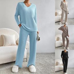 Women Solid Straight Pants Two Piece Home Suit V Neck Tops Pullover Outfit Autumn Winter Casual Pit Stripe knitted Set Sleepwear 2310261
