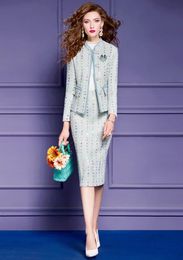 Two Piece Dress Luxury Beading Tweed Woolen Jacket and Skirt Suit Two Piece Women Autumn Winter Dress Sets Elegant Office Party Outfit 231026