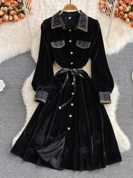 Casual Dresses FTLZZ Autumn Winter Women Lapel Single Breasted Knee-Length Dress Office Lady Empire Slim A-line Velvet Black