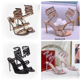 Crystal Lamp Stiletto Heel Sandals for Womens Shoe Rene Caovilla Cleo Rhinestone Studded Snake Strass Shoes Designers 9.5cm High s