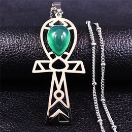 Egyptian Cross Stainless Steel Green Stone Charm Necklace For Women Silver Colour Jewellery Collier Femme NXS04 Pendant Necklaces293U