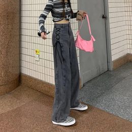 Women's Jeans 2023 Women Harajuku Y2K Streetwear Straight Trousers Fashion Female Gothic High Waist Chic Side Lace Wide Leg Denim Pants