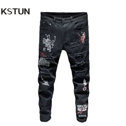 Black Men Slim Fit Ripped Destroyed Embroidered Letters Streetwear Motorcycle Jeans Man Cowboys Casual White Denim Pants