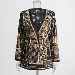 Women's Suits Beaded Geometric 2023 Spring Winter Long Sleeves V-Neck Vintage Ladies Outwear Fashion Overcoats