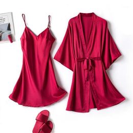 Women's Sleepwear Summer Satin Silk Pyjamas Sexy Women Solid Colours Spaghetti Strap Nightdress Lingerie Robes Set Underwear N336R
