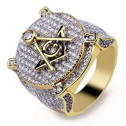 Luxury Hip hop mason Symbol Masonic Rings Mens Micro Pave Cubic Zirconia Bling Bling Simulated Diamonds 18K Gold Plated Ring244R