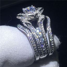 Elegant 3-in-1 Flower ring sets 925 Sterling silver Diamond Engagement wedding band rings for women Party Jewelry Gift253C