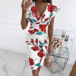 Casual Dresses Women Floral Print Summer Clothes V-neck Butterfly Sleeve Ruffle Party Midi Dress Robe Slim High-Waisted225D