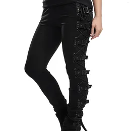 Women's Pants Women Cross Lace Up Grommet Panel Punk Slim Stretchy Pencil Y2K Streetwear Ladies Viking Steampunk Tight Trousers