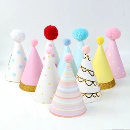 Party Hats Colourful Party Star Pompom Cone Paper Diy Hat For Baby Children Kids Birthday Christmas Gift Headdress 231027