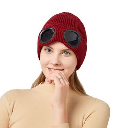 New Designer two Lens Glasses Goggles Beanies Men Knitted Hats Skull Caps Outdoor Women Uniesex Winter Beanie Bonnet 7 colour Y-15