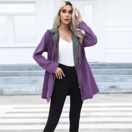 Women's Trench Coats Casual Waistband 2023 Autumn/winter Double Zipper Contrasting Coat Medium Length Long Sleeved Hooded