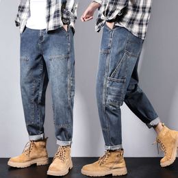 Baggy Men Loose Fit Harem Pants Wide Leg Fashion Pockets Hip Hop Streetwear Male Denim Trousers Oversize Jeans Kpop New